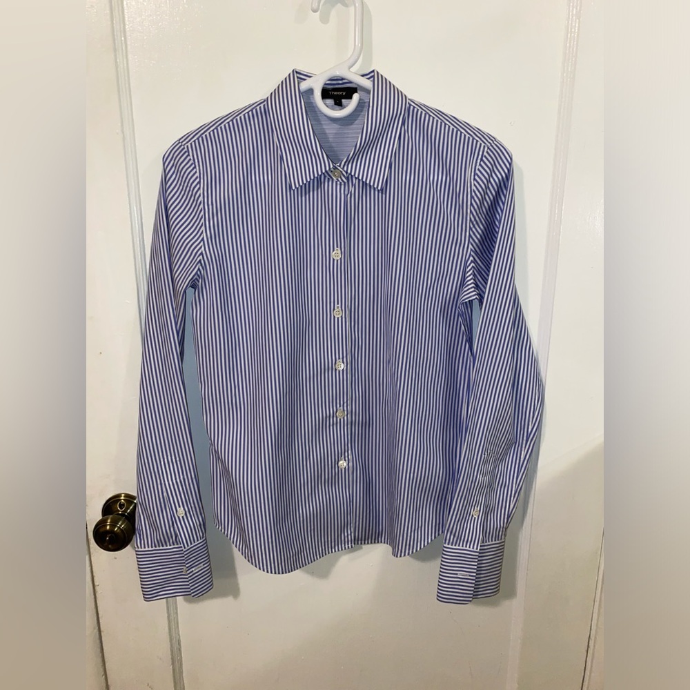 Theory Men's Blue and White Striped Dress Shirt